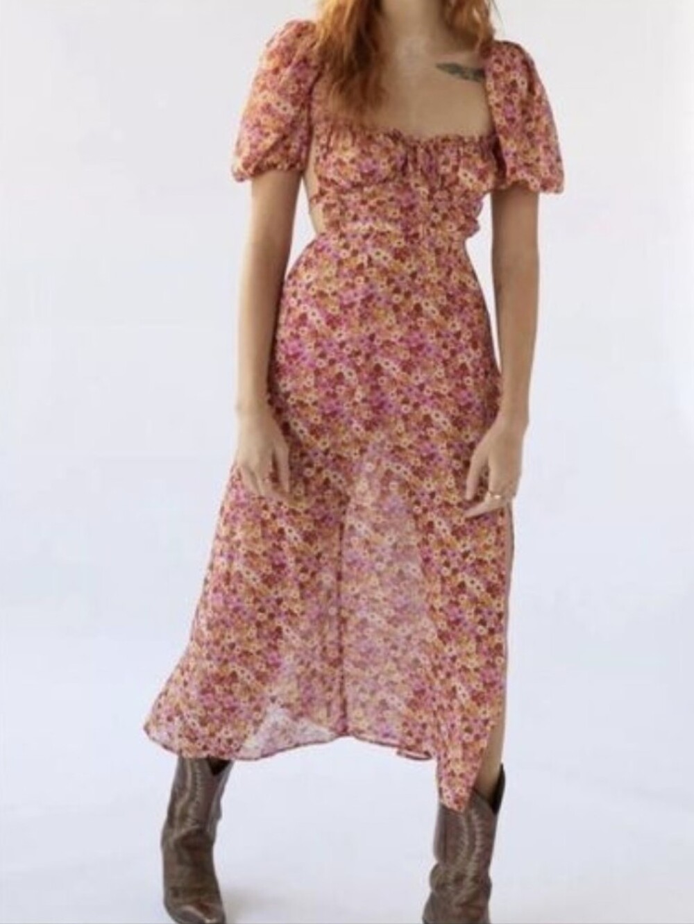 For Love & Lemons Felicia Pink Floral Puff Sleeve Midi Dress Slit Size Small S